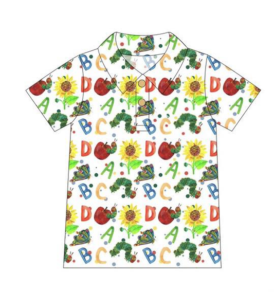 (Pre-order)BT1688 Caterpillar Apple ABC Print Boys Back to School Polo Tee Shirts Top