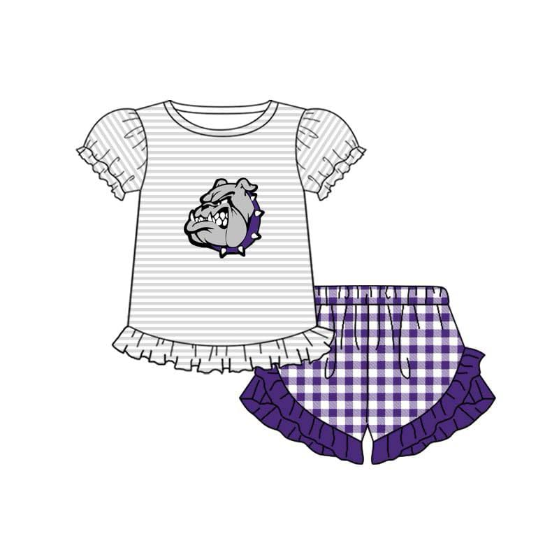 (Custom Design Preorder MOQ 5) Team's BULLDOGS Stripes Top Plaid Shorts Girls Summer Clothes Set