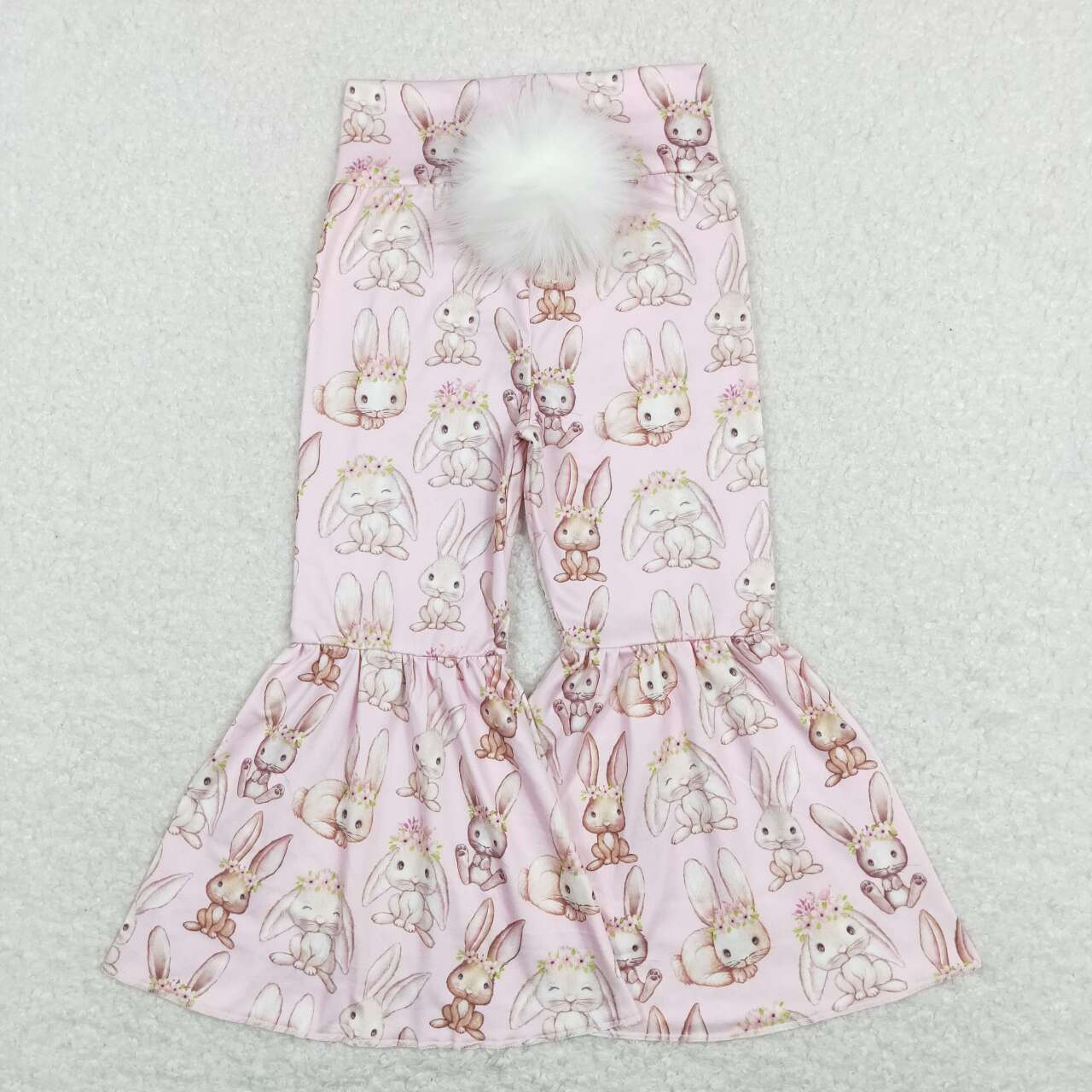 GSPO1347 Cute Pink Flowers Bunny Top Tail Bell Pants Girls Easter Clothes Set