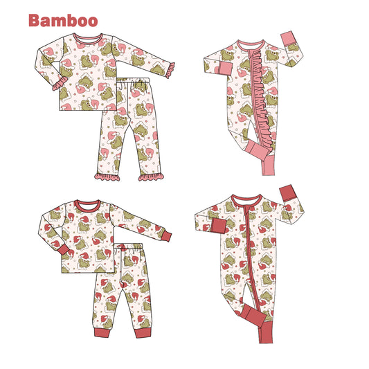 (Custom Design Preorder MOQ 20 Each Design) Green Frog Print Kids Christmas Pajamas Matching Bamboo Clothes Sibling Wear