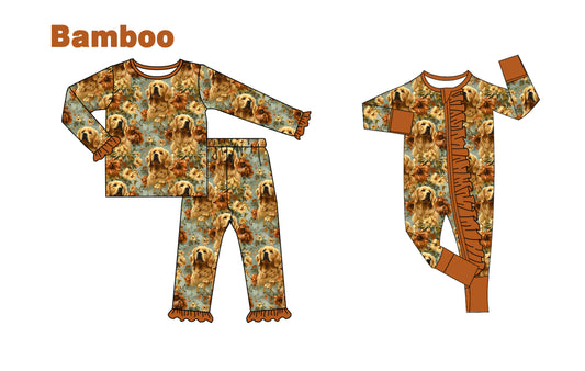 (Custom Design Preorder MOQ 20 Each Design) Flowers Dog Print Girls Pajamas Matching Bamboo Clothes Sisters Wear