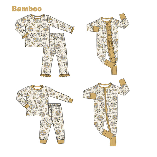 (Custom Design Preorder MOQ 20 Each Design) Happy New Year Gold Print Kids Pajamas Matching Bamboo Clothes Sibling Wear