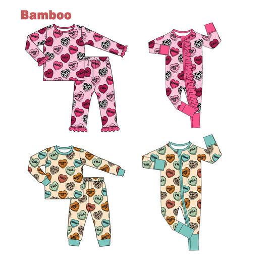 (Custom Design Preorder MOQ 20 Each Design) Heart Print Kids Valentine's Day Pajamas Matching Bamboo Clothes Sibling Wear