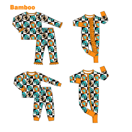 (Custom Design Preorder MOQ 20 Each Design) Pumpkin Turquoise Print Kids Western Pajamas Matching Bamboo Clothes Sibling Wear