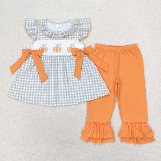 GSPO1533 Pumpkin Plaid Tunic Top Orange Ruffle Pants Girls Fall Clothes Set