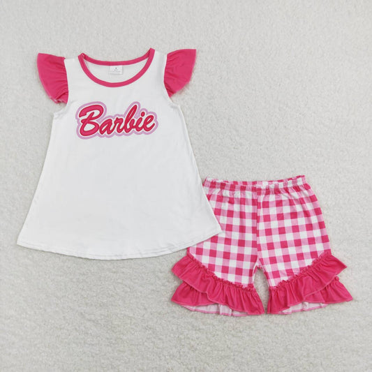 GSSO0477 Pink BA Print Plaid Shorts Girls Summer Clothes Set