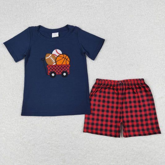 BSSO0424 Balls Embroidery Blue Top Plaid Shorts Boys Summer Clothes Set