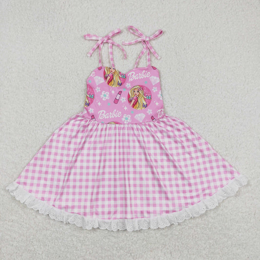 GSD0526 Pink BA Plaid Print Ruffle Girls Summer Knee Length Strap Dress