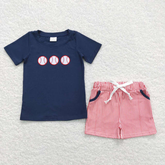 BSSO0351 Baseball Embroidery Navy Top Red Stripes Shorts Boys Summer Clothes Set