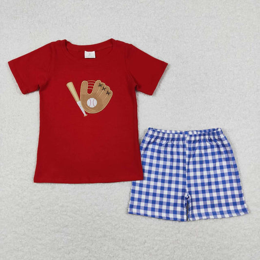 BSSO0353 Baseball Embroidery Red Top Blue Plaid Shorts Boys Summer Clothes Set