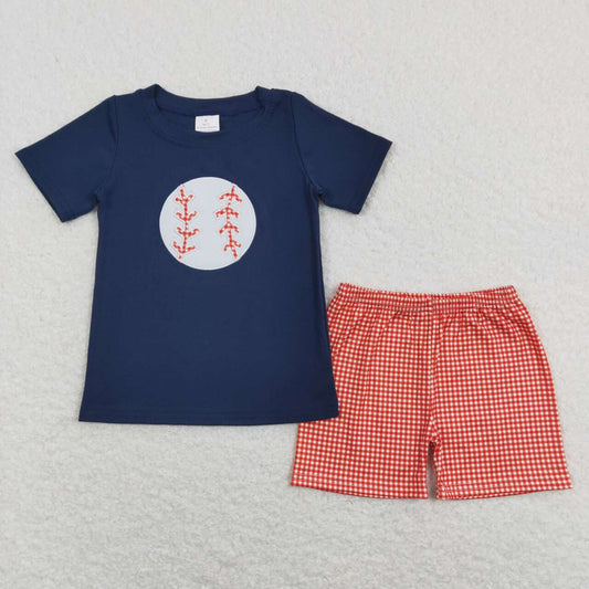 BSSO0404  Baseball Embroidery Navy Top Red Plaid Shorts Boys Summer Clothes Set