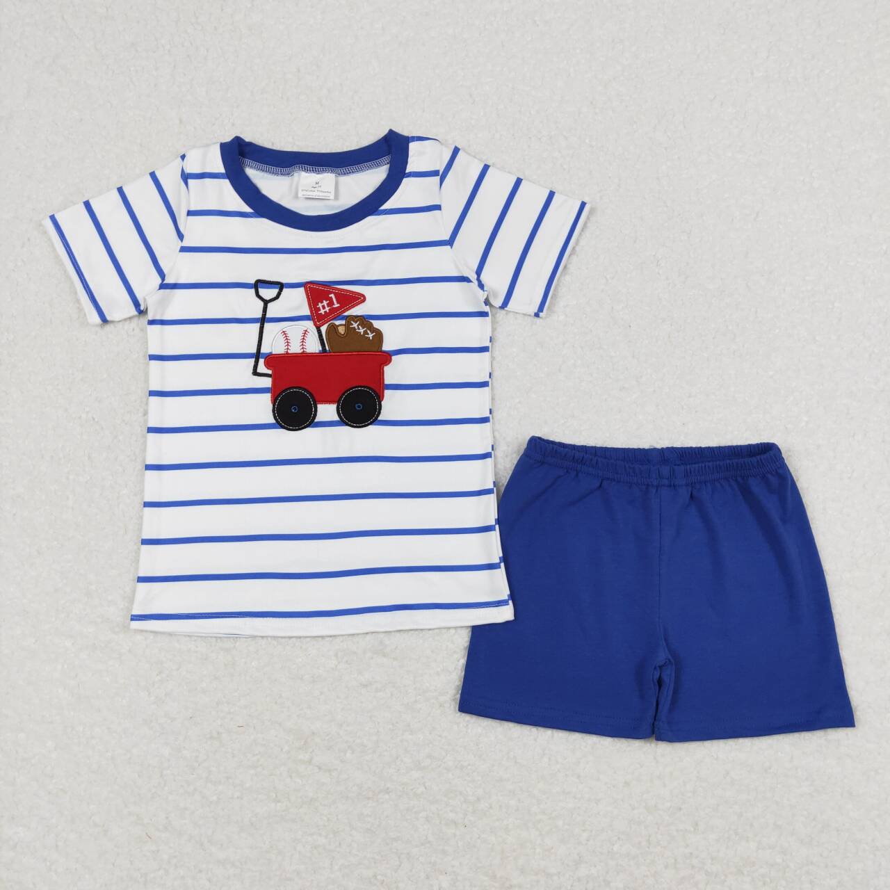 Baseball Truck Embroidery Blue Stripes Print Brothers Summer Matching Clothes