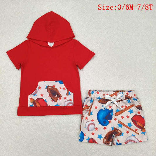 BSSO0704  Hoodie Pocket Top Baseball Shorts Boys Summer Clothes Set
