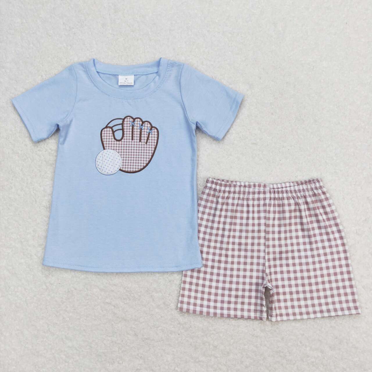 BSSO0723  Baseball Embroidery Top Plaid Shorts Boys Summer Clothes Set