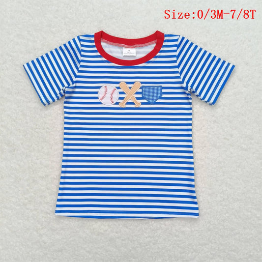 BT0657  Baseball Embroidery Stripes Print Boys Summer Tee Shirts Top