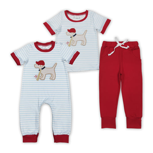 Baseball Dog Embroidery Stripes Boys Matching Clothes Brothers Wear