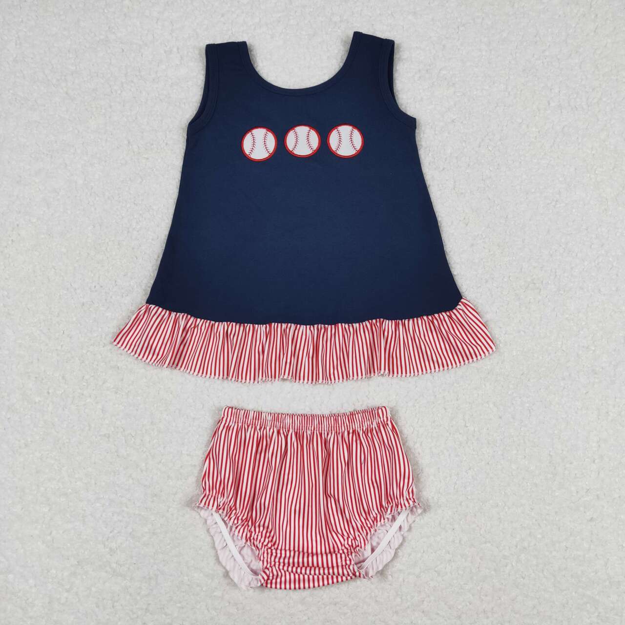 GBO0209 Baseball Embroidery Navy Top Red Stripes Shorts Baby Girls Bummie Set