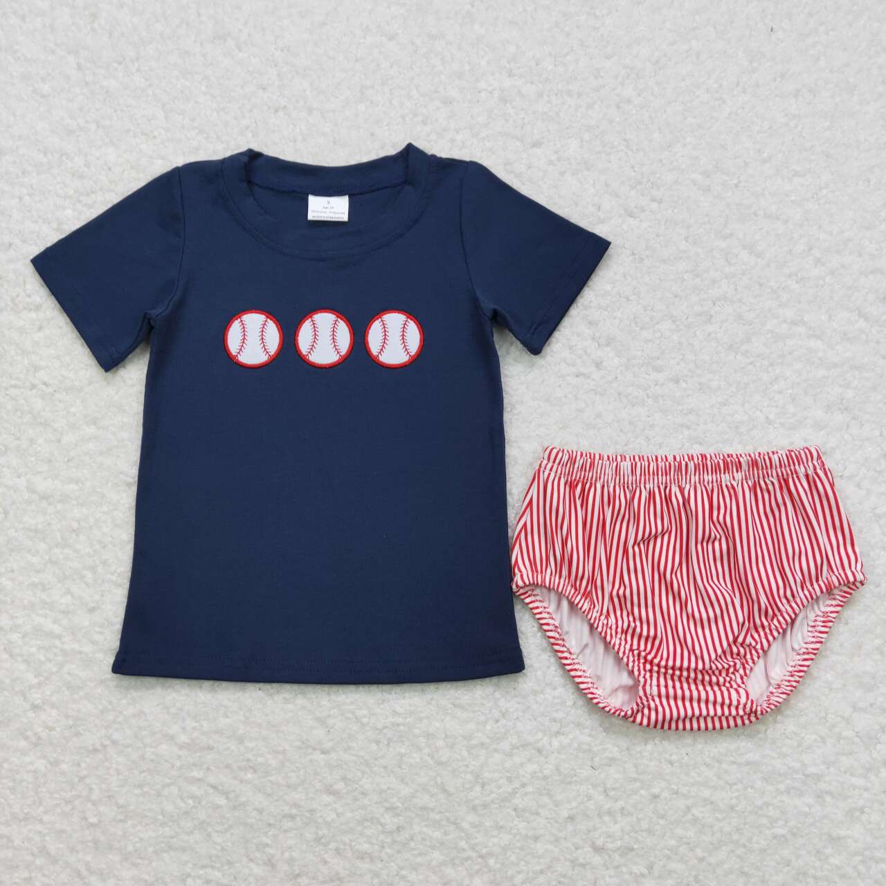 GBO0210 Baseball Embroidery Navy Top Red Stripes Shorts Baby Boys Bummie Set