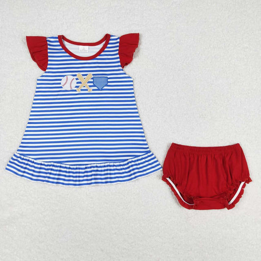 GBO0354 Baseball Embroidery Top Red Shorts Baby Girls Summer Bummie Set