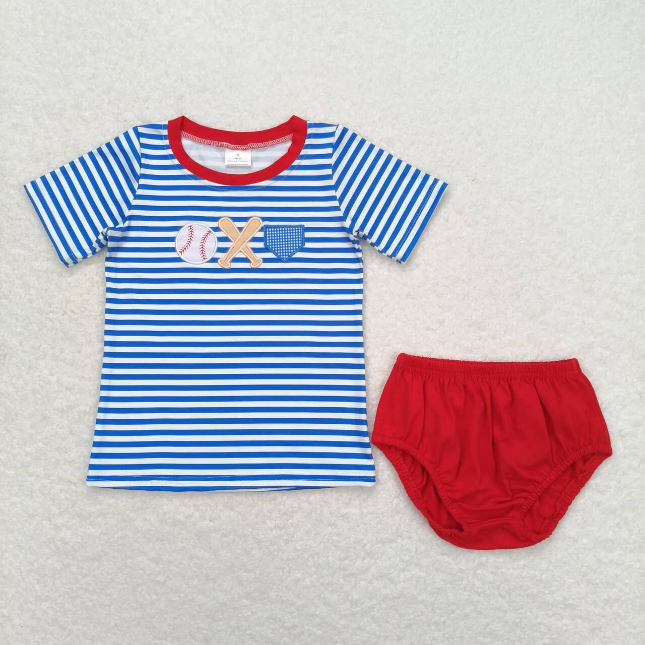 GBO0355 Baseball Embroidery Stripes Top Red Shorts Baby Boys Summer Bummie Set