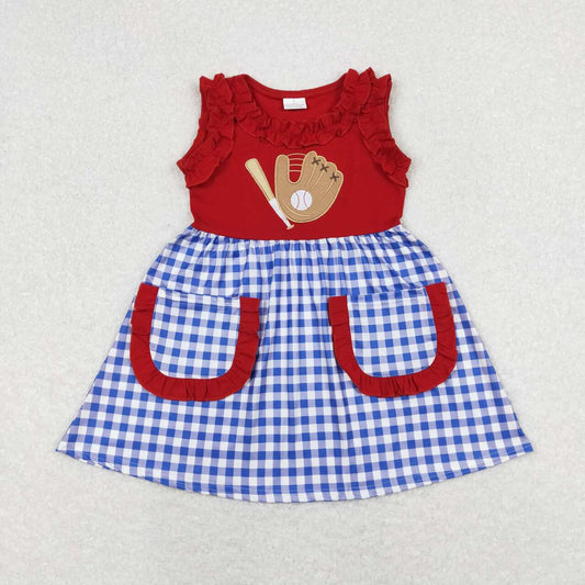 GSD0566 Baseball Embroidery Pockets Girls Knee Length Summer Dress