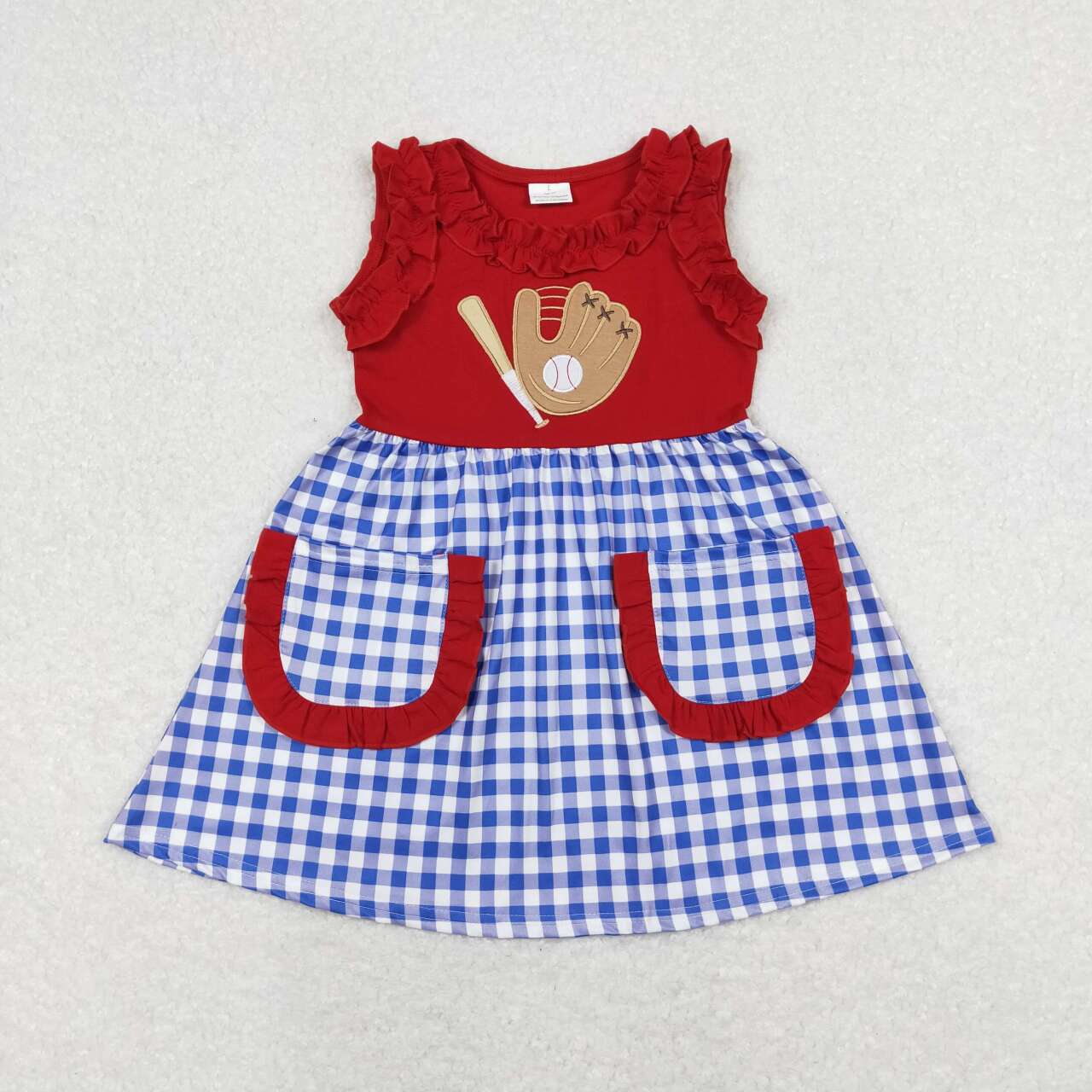 Baseball Embroidery Blue Plaid Print Sibling Summer Matching Clothes