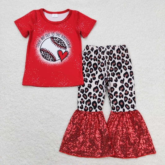 (Promotion)GSPO0011 Take Me Out To The Baseball Top Leopard Red Sequins Bell Pants Girls Clothes Set