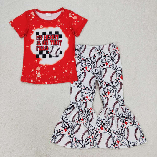 GSPO1236 Baseball Print Red Top Bell Pants Girls Clothes Set