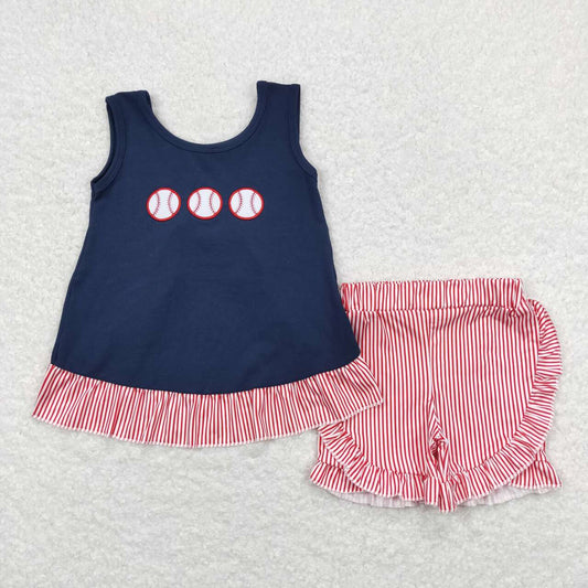 GSSO0405 Baseball Embroidery Navy Top Red Stripes Shorts Girls Summer Clothes Set