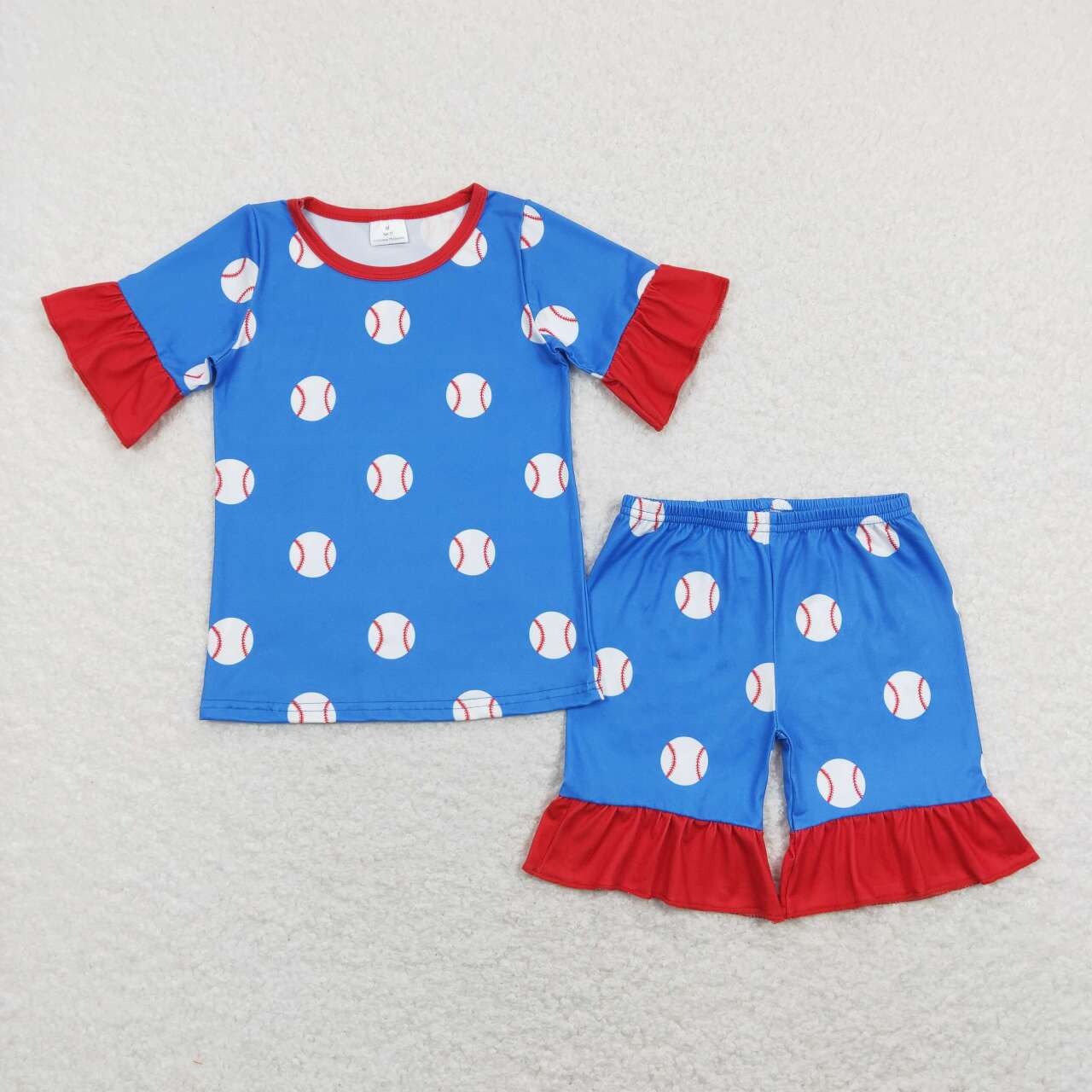 GSSO0525 Blue Baseball Print Girls Summer Pajamas Clothes Set