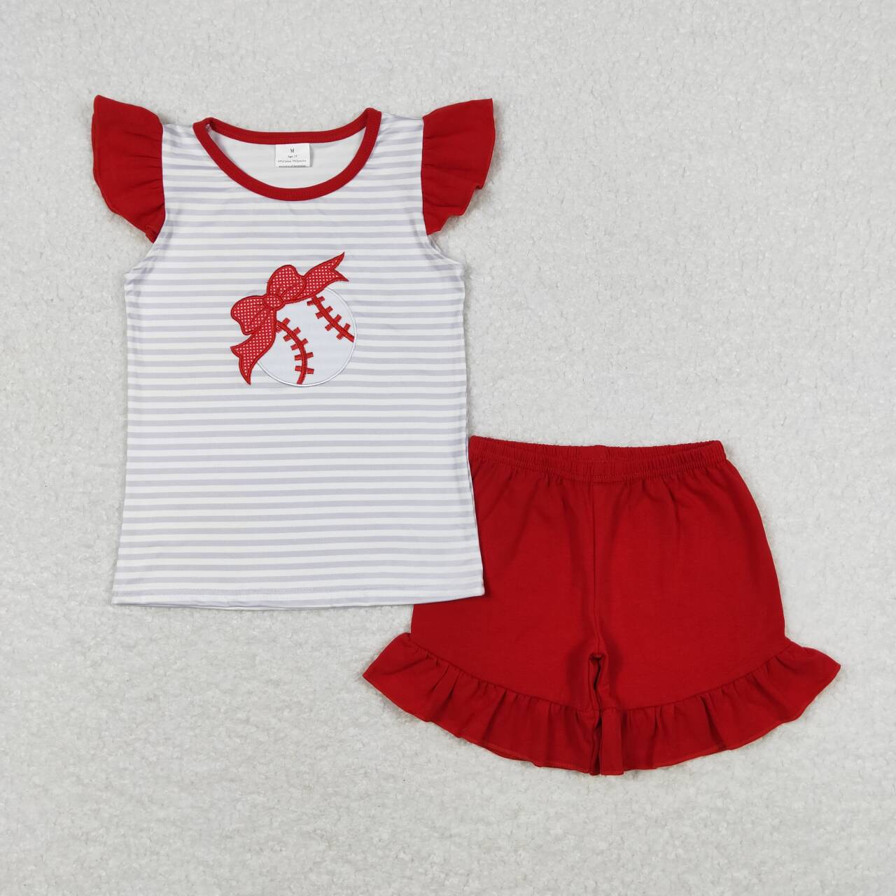 GSSO0605 Baseball Embroidery Top Red Shorts Girls Summer Clothes Set