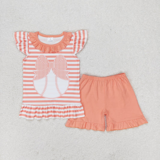 GSSO0633 Baseball Stripes Top Ruffle Shorts Girls Summer Clothes Set