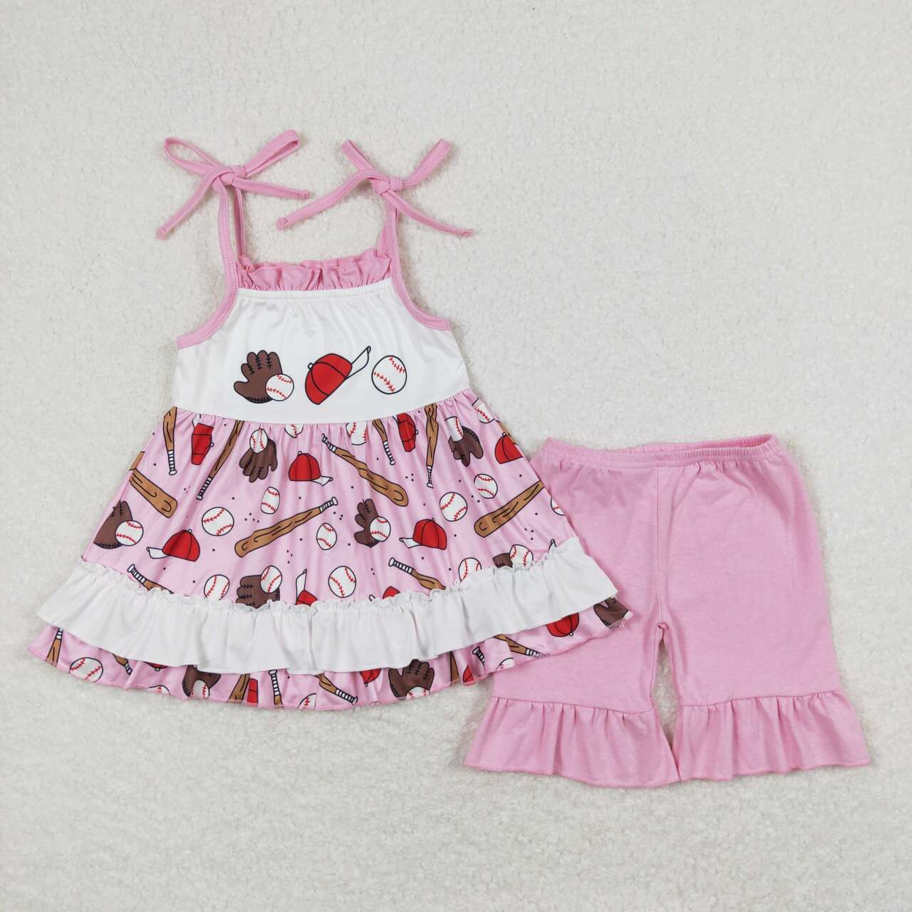 GSSO0794  Baseball Tunic Top Pink Shorts Girls Summer Clothes Set