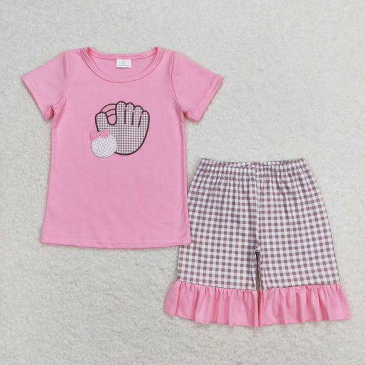 GSSO0828  Baseball Embroidery Pink Top Plaid Shorts Girls Summer Clothes Set