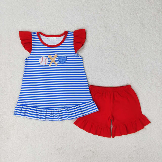 GSSO1089 Baseball Embroidery Print Top Red Shorts Girls Summer Clothes Set