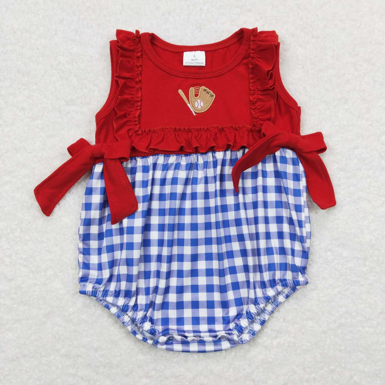 Baseball Embroidery Blue Plaid Print Sibling Summer Matching Clothes