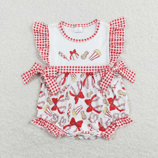 SR0848  Baseball Print Baby Girls Summer Romper