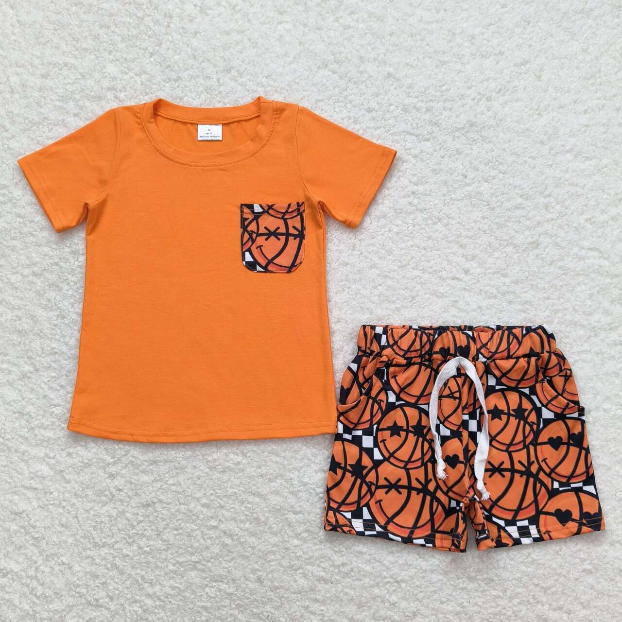 BSSO0789 Orange Pocket Top Basketball Shorts Boys Summer Clothes Set