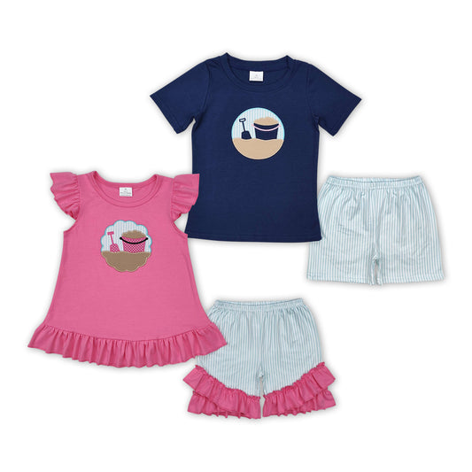 Beach Embroidery Top Stripes Shorts Kids Summer Clothes Set Sibling Wear