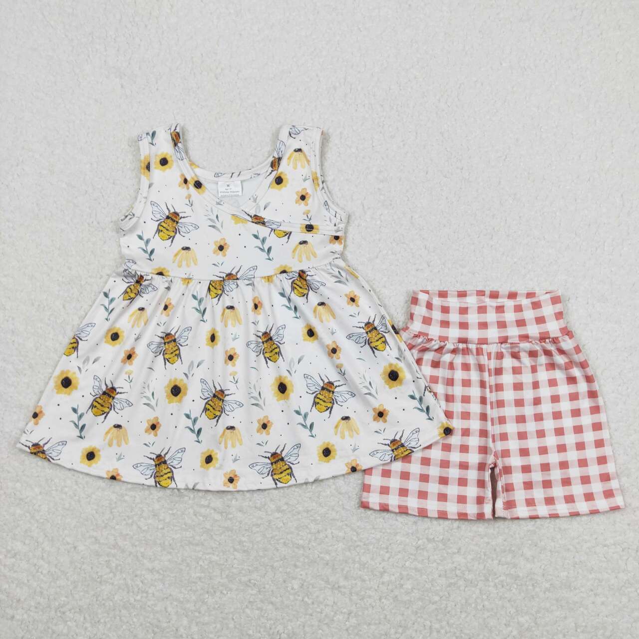 GSSO0743 Bee Flowers Tunic Top Plaid Shorts Girls Summer Clothes Set