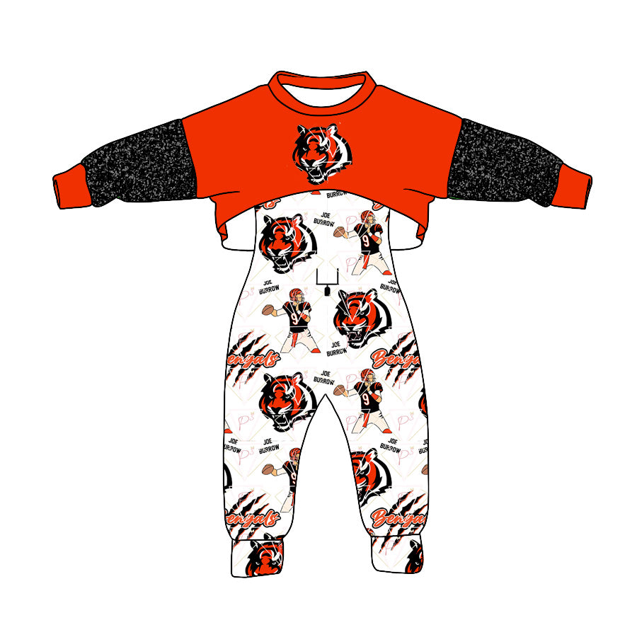 (Custom Design Preorder MOQ 5) Team's Bengals Print White Jumpsuits Girls Fall Clothes Set