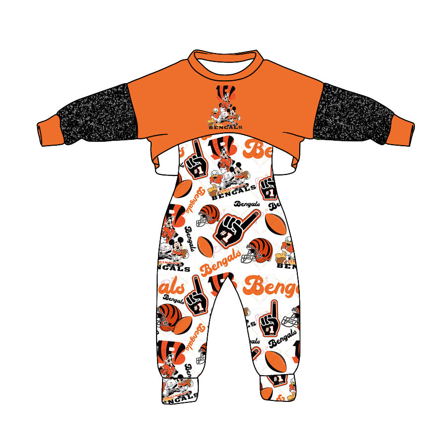 (Custom Design Preorder MOQ 5) Team's Bengals Print White Jumpsuits Girls Fall Clothes Set