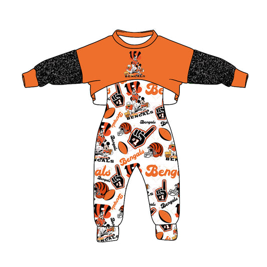 (Custom Design Preorder MOQ 5) Team's Bengals Print White Jumpsuits Girls Fall Clothes Set