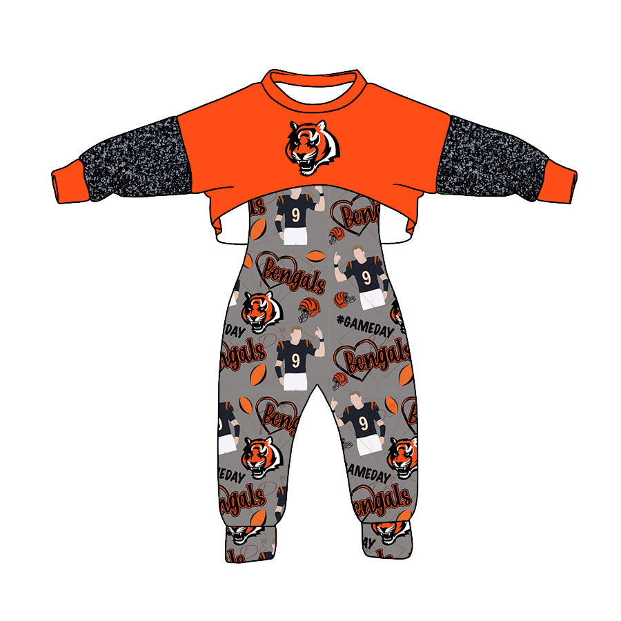 (Custom Design Preorder MOQ 5) Team's Bengals Print Gray Jumpsuits Girls Fall Clothes Set