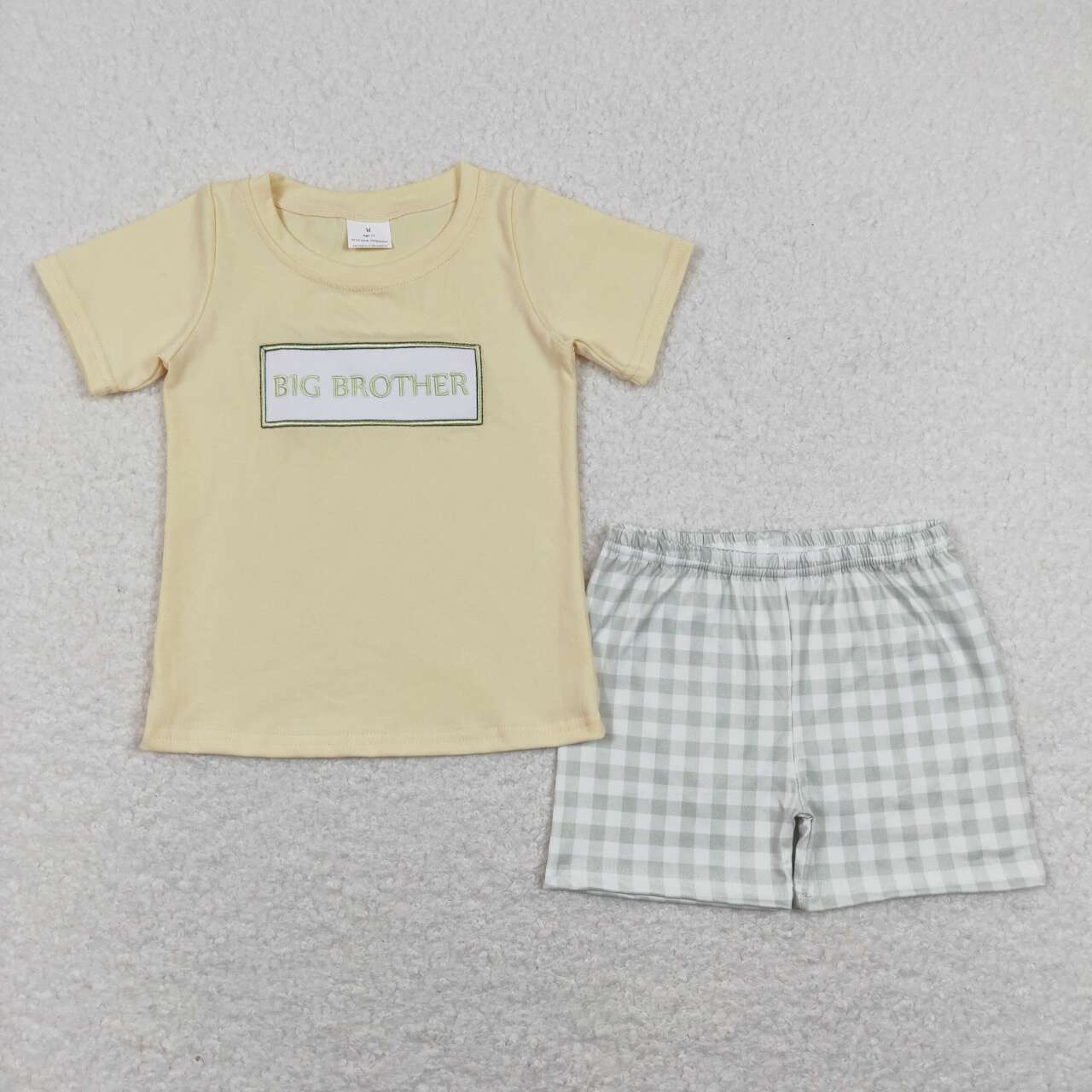 BSSO0403  Big Brother Embroidery Yellow Top Plaid Shorts Boys Summer Clothes Set