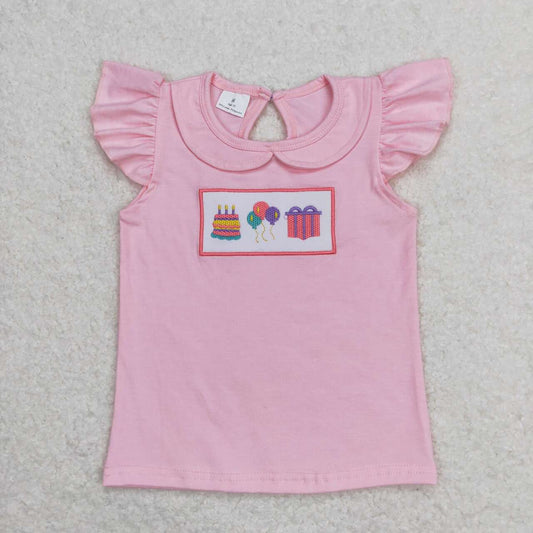 GT0501  Birthday Embroidery Pink Girls Summer Tee Shirts Top