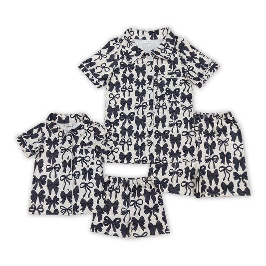 Black Bows Print Mom and Me Summer Buttons Pajamas Matching Clothes Set