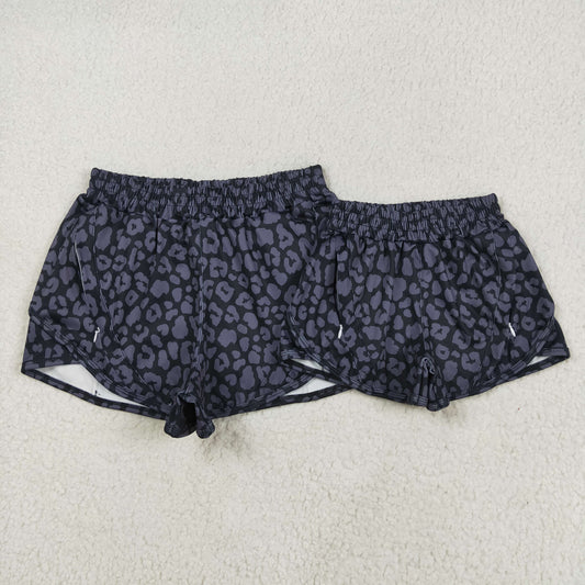 Black Leopard Print Mom and Me Summer Zipper Pockets Bottom Yoga Shorts