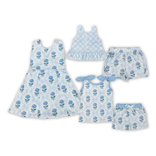 Blue Bows Flowers Print Girls Summer Clothes Sisters Wear