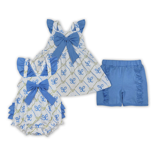 Blue Bows Print Sisters Summer Matching Clothes